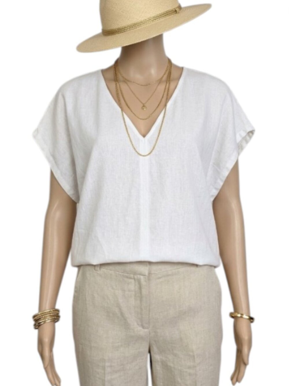 DKNY White Linen Blend Drop Shoulder Relaxed V-Neck Boho Top Blouse XL